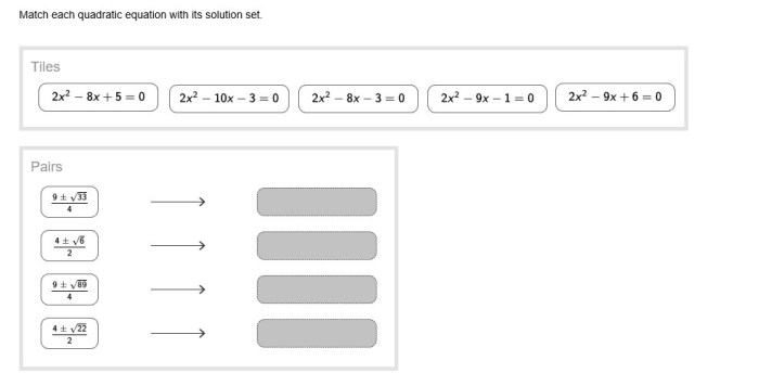 Match each quadratic equation with its solution set.