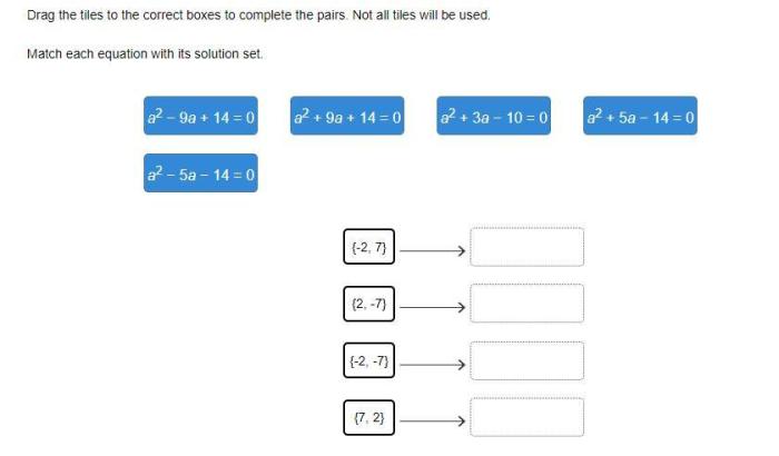 Match each quadratic equation with its solution set.